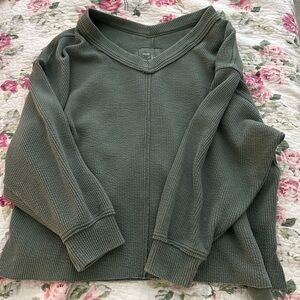 Aerie Green V-Neck Sweater with Ribbed Cuffs